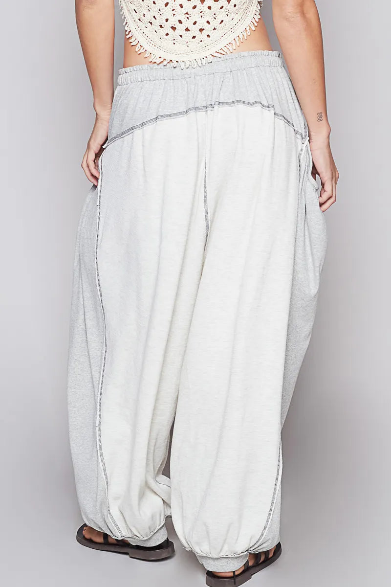 POL Gray Overlock Contrast Stitch Detail Thermal Pants with Drawstring Waist