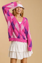 Umgee Hot Pink Argyle Pattern V-Neck Button Front Cardigan Hot Pink