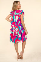 Haptics Go For Fun Fuchsia Geo Print Tiered Ruffle Sleeve Woven Dress