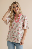 Haptics Blooming Season Split Neck Floral Blouse Womens