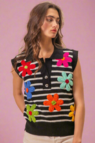 BiBi Black Flower Patch Striped Half Button Sweater Vest Trendsi