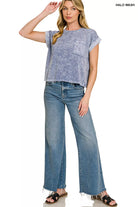Zenana Halo Snow Washed Cotton Cuffed Short Sleeve Top