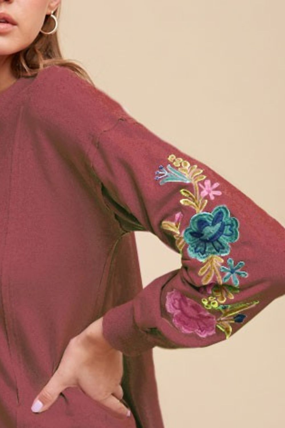 Annie Wear Burgundy Embroidered Long Sleeve French Terry Top