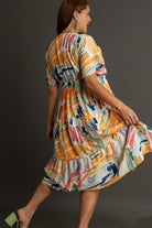 Umgee Abstract Print Flutter Sleeve Frill Tiered Midi Dress