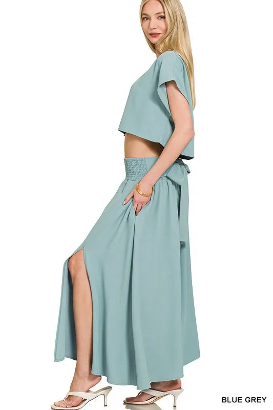 Zenana Blue Gray Heavy Woven Span Crop Tee & Skirt Set