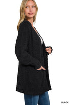 Zenana Black Long Sleeve Popcorn Sweater Cardigan with Pockets