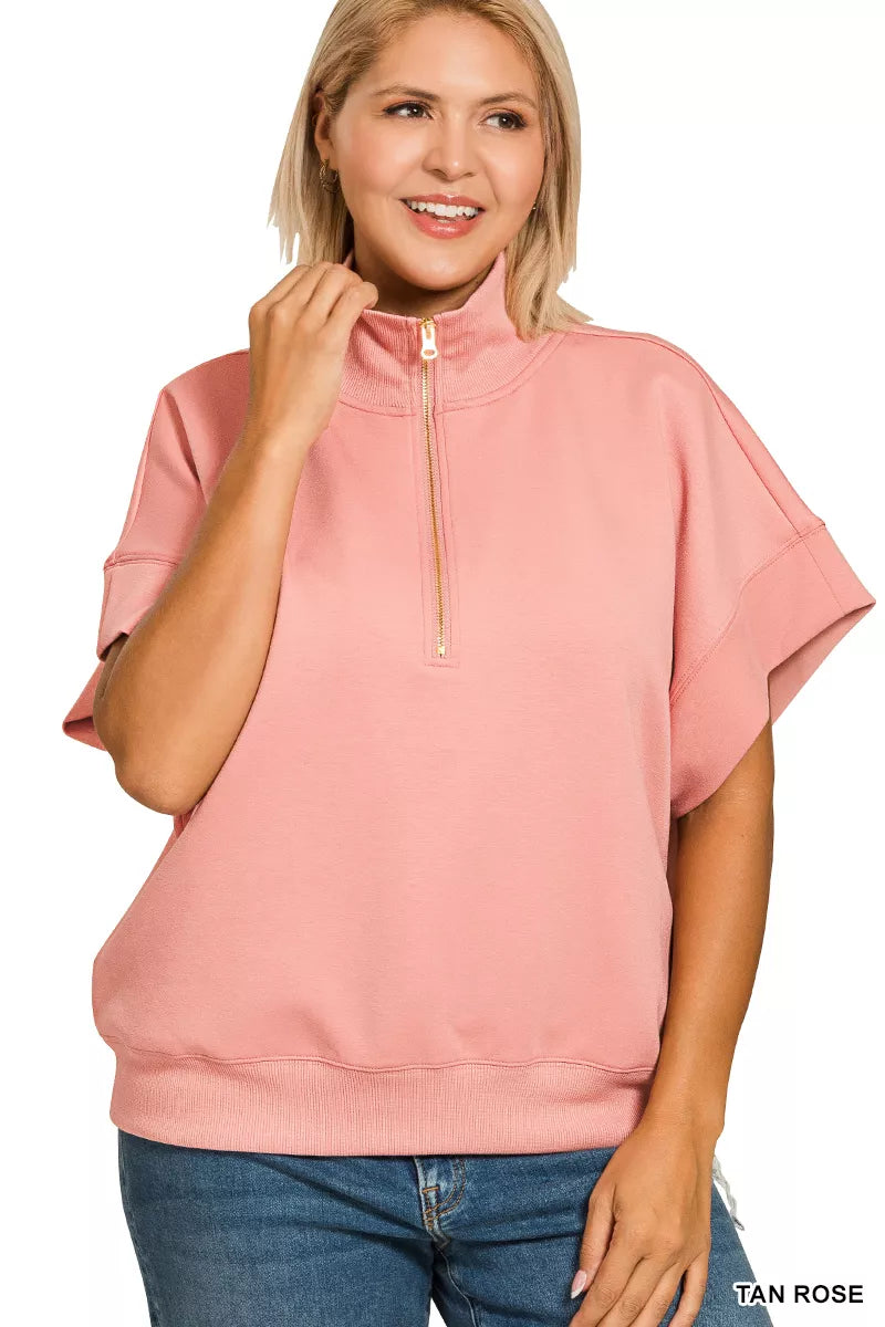 Zenana Tan Rose Scuba High Neck Half Zip Short Sleeve Top