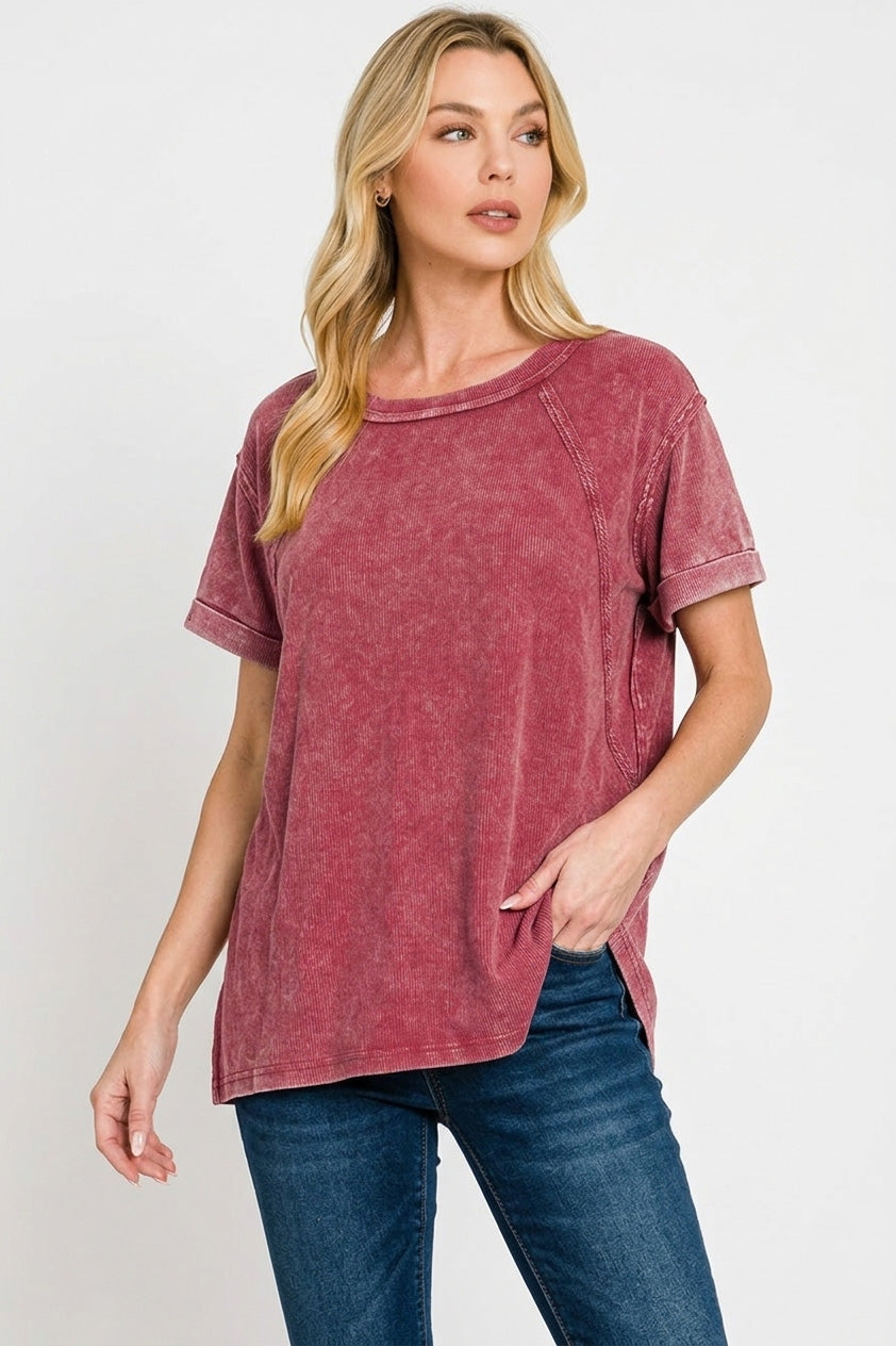 Zenana Cabernet Washed Ribbed Cuffed Short Sleeve Round Neck Top