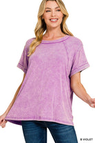Zenana Bright Violet Washed Ribbed Cuffed Short Sleeve Round Neck Top B VIOLET
