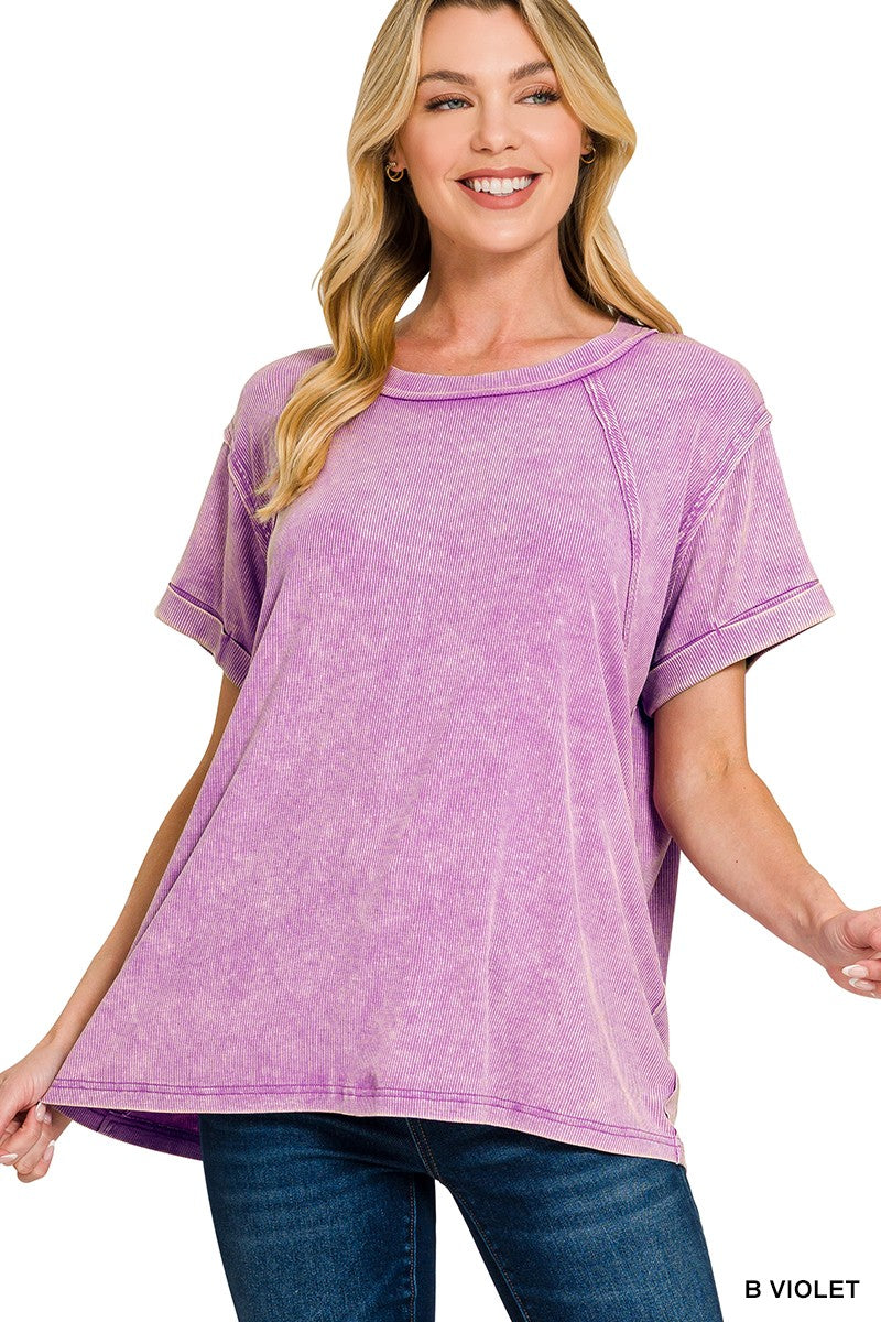 Zenana Bright Violet Washed Ribbed Cuffed Short Sleeve Round Neck Top B VIOLET