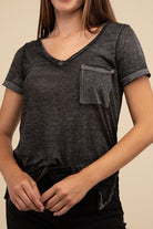 Washed Melange Burnout Scoop V-Neck Top ASH BLACK ZENANA