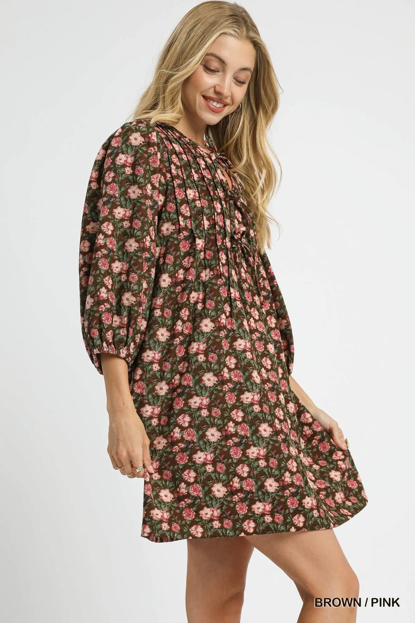 Umgee Brown & Pink Floral Tie-Neck Babydoll Dress