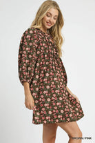 Umgee Brown & Pink Floral Tie-Neck Babydoll Dress