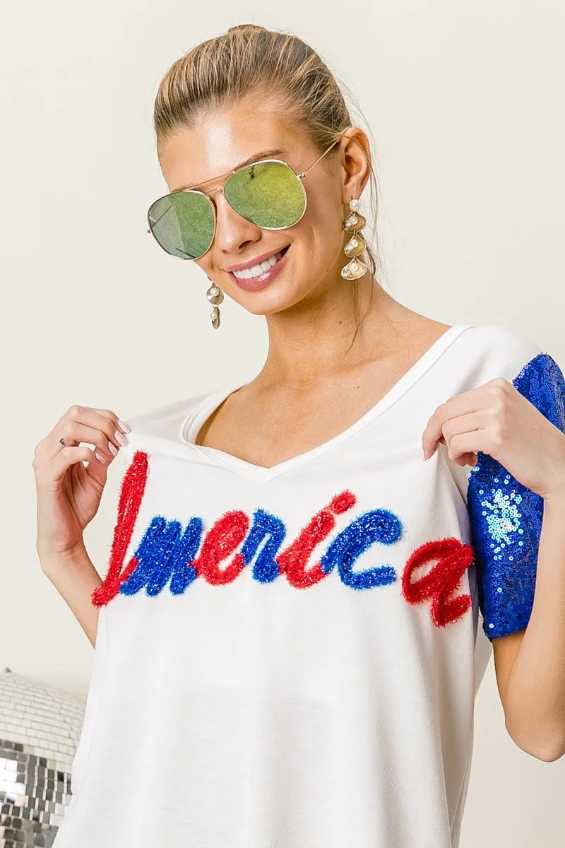 BiBi Metallic Letter America V-neck Sequin Sleeves Top
