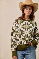 BiBi Olive & Ivory Flower Pattern Long Sleeve Sweater