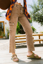 Annie Wear Camel Washed Straight Leg Stretch Jeans with Cargo Pockets Caramel