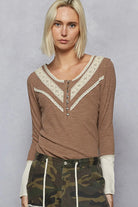 POL Chocolate Double Gauze Ribbed Half Button Lace Detail Knit Top CHOCOLATE