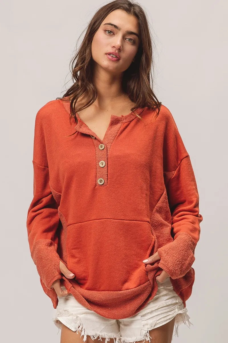BiBi Rust French Terry Knit Side Block Buttoned Henley Top RUST