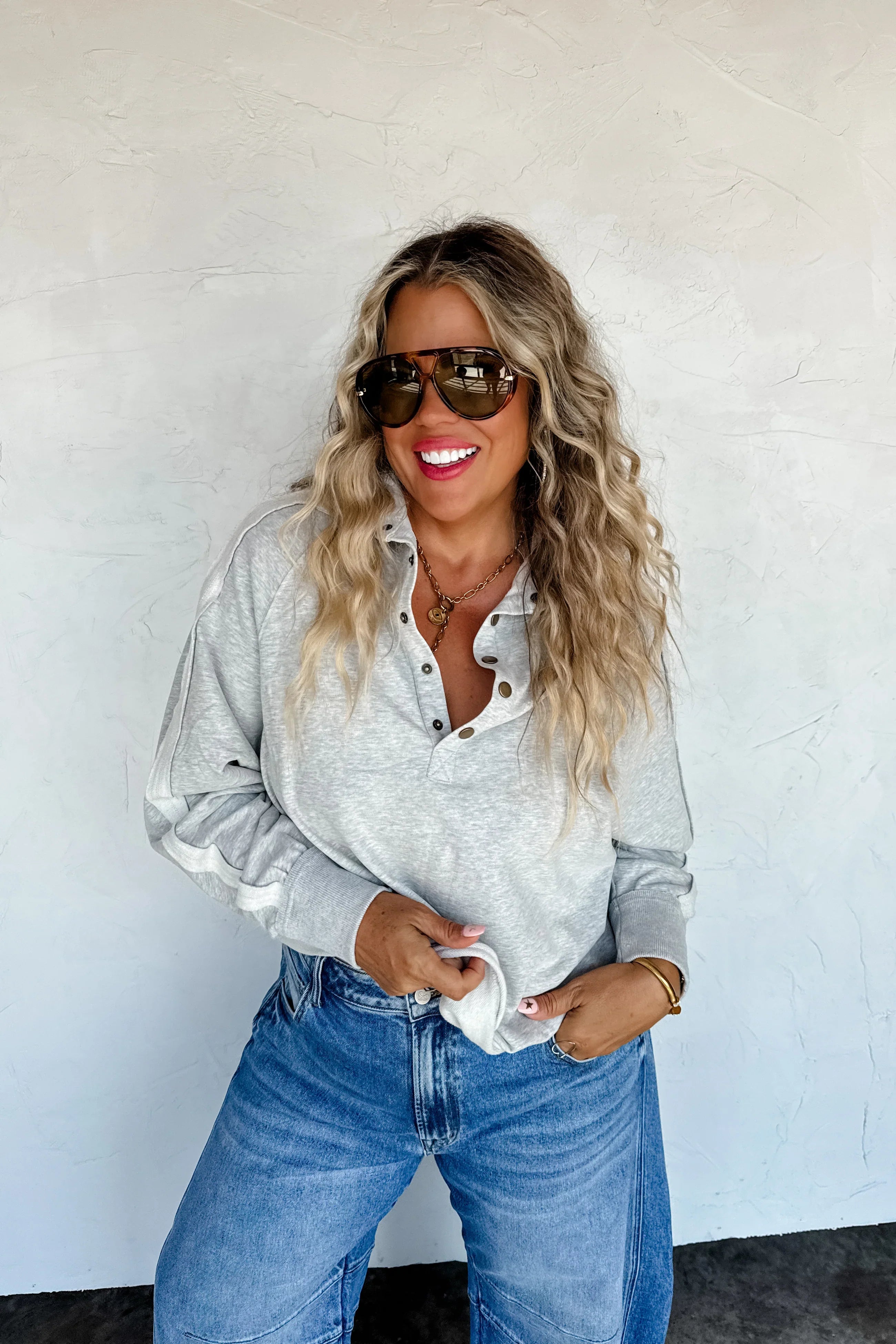 PREORDER: Blakeley Longer Length Marley Snap Button Sweatshirt Vintage Grey Womens