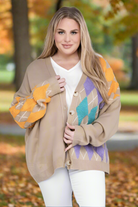 Davi & Dani Plus Plush Argyle V Neck Button Front Cardigan Davi & Dani