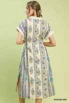 Umgee Vertical Print Tie Waist Midi Dress