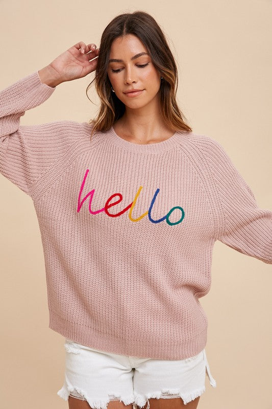 Annie Wear Mauve HELLO Embroidered Raglan Sleeve Sweater Mauve