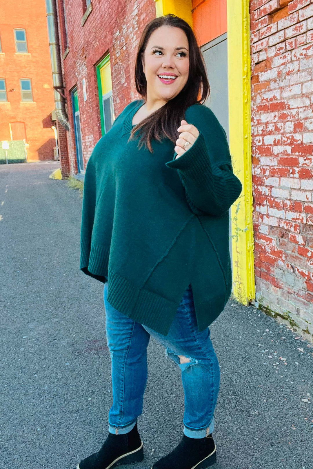 Haptics Casual Chic Hunter Green Oversized V Neck Rib Knit Sweater Haptics