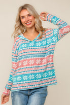 Haptics Teal/Red/White Snowflake Print Brushed Hacci Hoodie Pullover