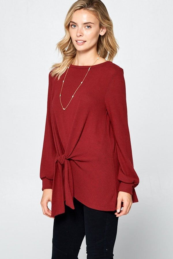 Super Lady Burgundy Round Neck Knot Front Hacci Blouse Shirts & Tops