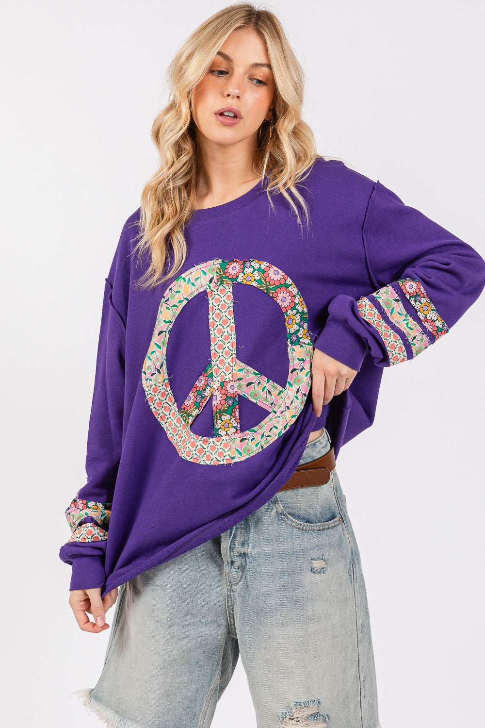 SAGE+FIG Peace Applique Patch Long Sleeve Top Trendsi