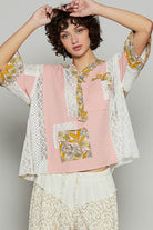 POL Vintage Washed Lace Patchwork Printed Half Button Top in Watermelon Pink