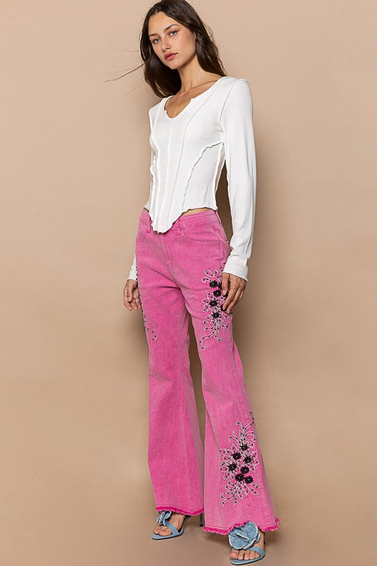 POL Hot Pink Raw Hem Contrast Embroidered Stretchable Twill Flare Pants Jeans