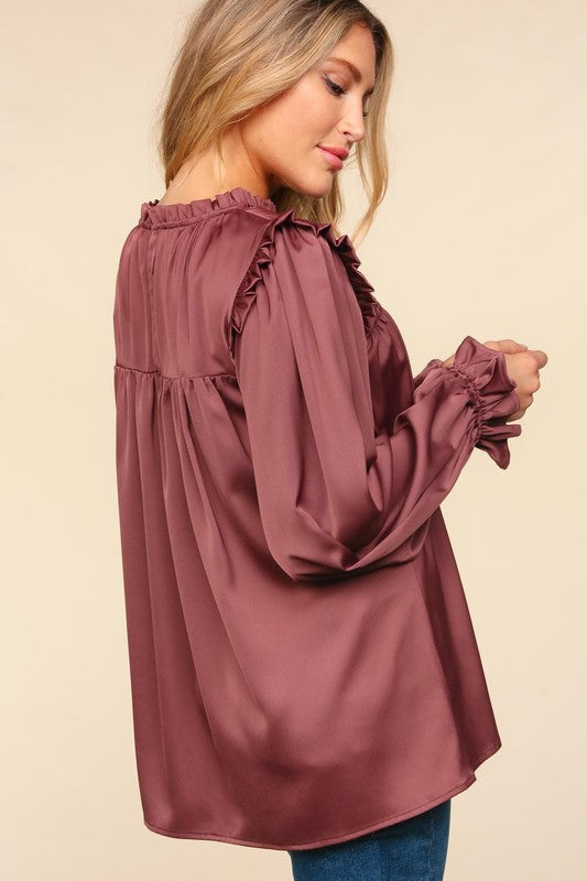 Haptics Wine Satin Shirred Yoke Frilled Mock Neck Top Shirts & Tops