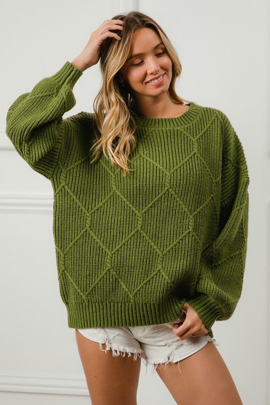 BiBi Moss Green Diamond Textured Round Neck Long Sleeve Sweater