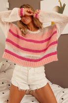BiBi Ivory & Pink Hollowed Out Yoke Detail Striped Sweater