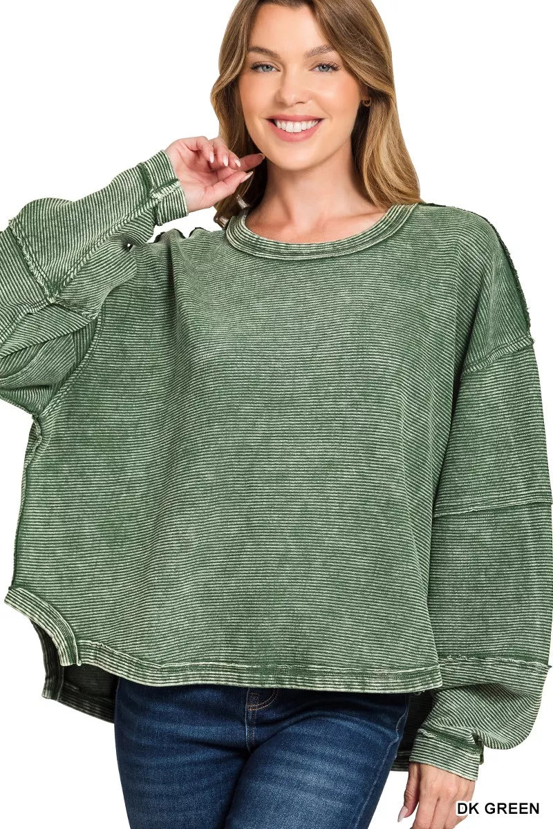 Zenana Dark Green Acid Washed Double Ribbed Exposed-Seam Sweatshirt DK GREEN