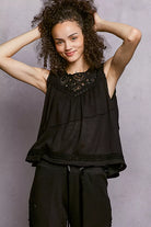 POL Black Round Neck Sleeveless Top with Crochet Contrast