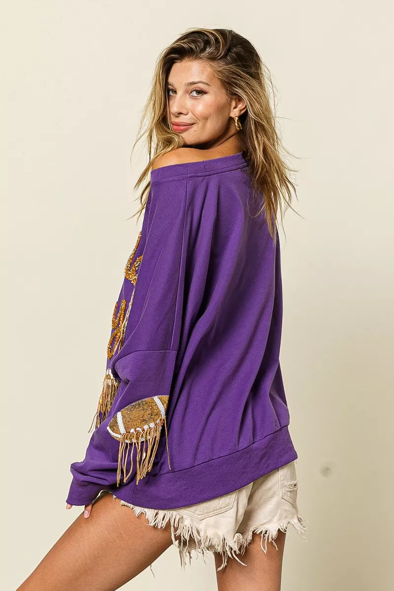 BiBi Purple & Gold Sequin Football Patches Game Day Sweatshirt