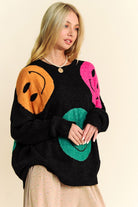 Davi & Dani Black Contrast Smile Printed Round Neck Oversize Sweater Shirts & Tops