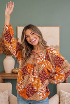 Haptics Autumn Patchwork Boho Blouse in Rust