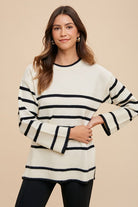 Annie Wear Ribbed Side Slit Striped Round Neck Sweater