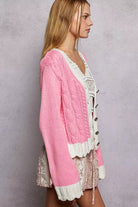 POL Baby Pink Button Down Cable-Knit Cardigan with Contrast Border Accents