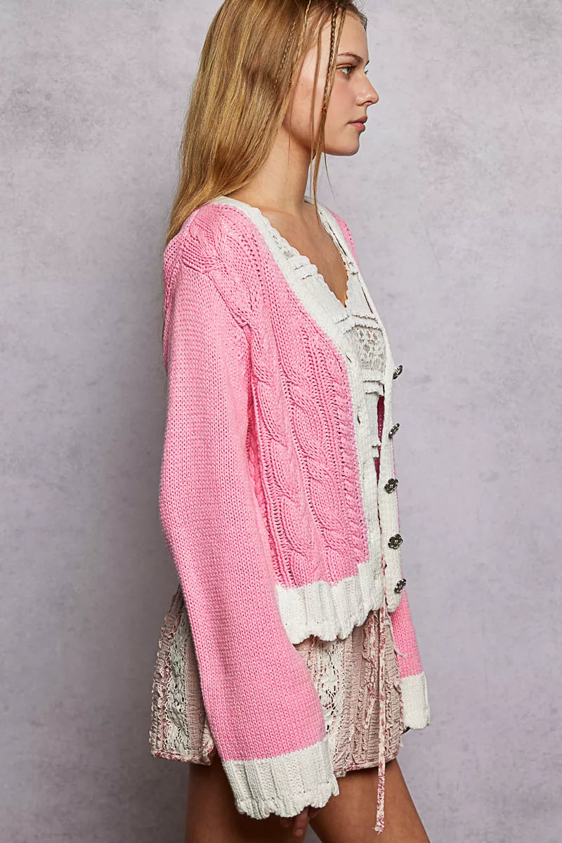 POL Baby Pink Button Down Cable-Knit Cardigan with Contrast Border Accents