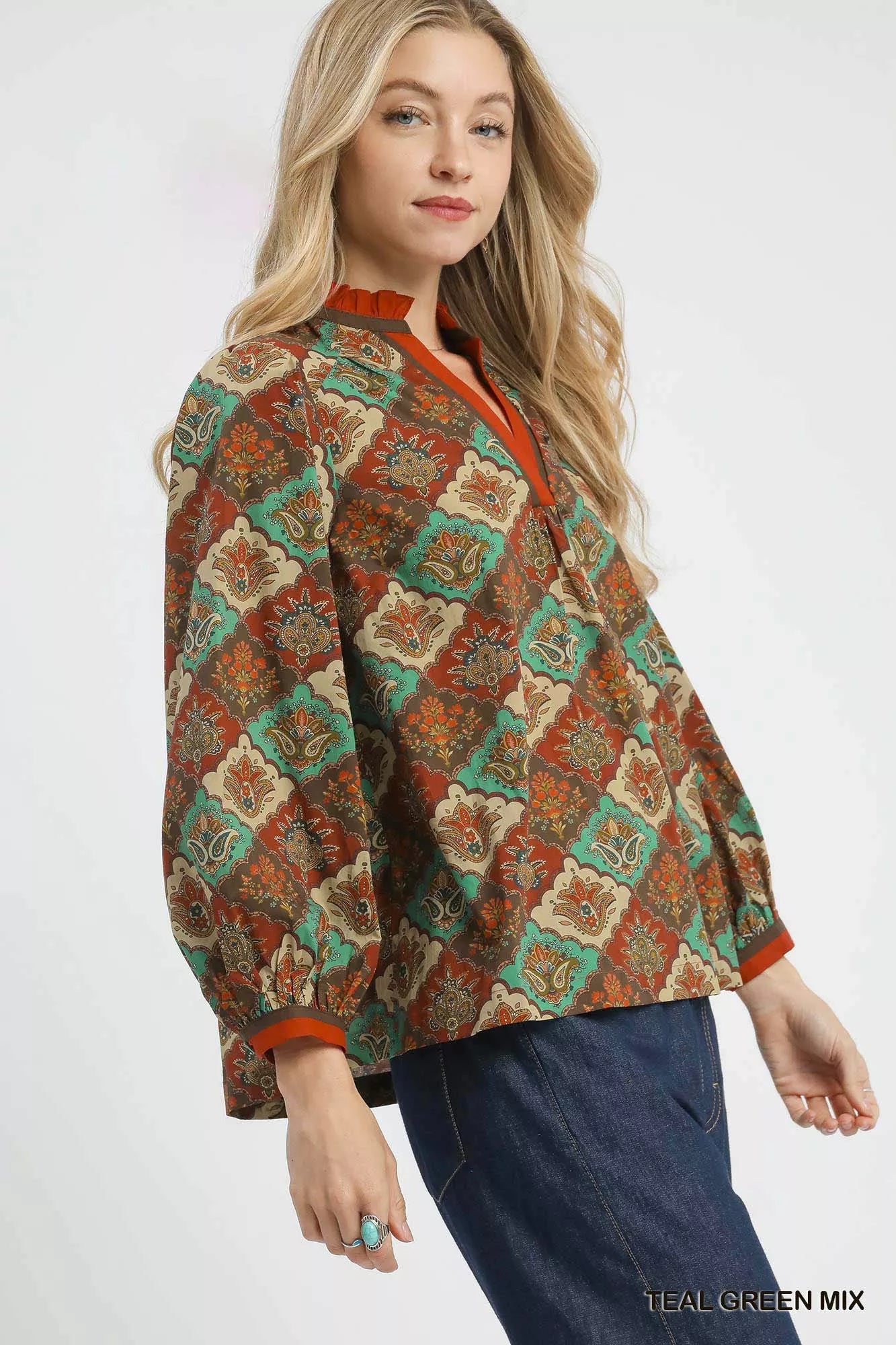 Umgee Teal Green Mix Abstract Print Ruffle Neck Blouse
