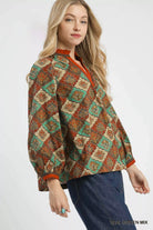 Umgee Teal Green Mix Abstract Print Ruffle Neck Blouse