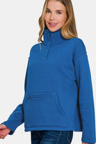 Zenana Royal Blue Turtleneck Half Snap Fleece Sweatshirt Shirts & Tops