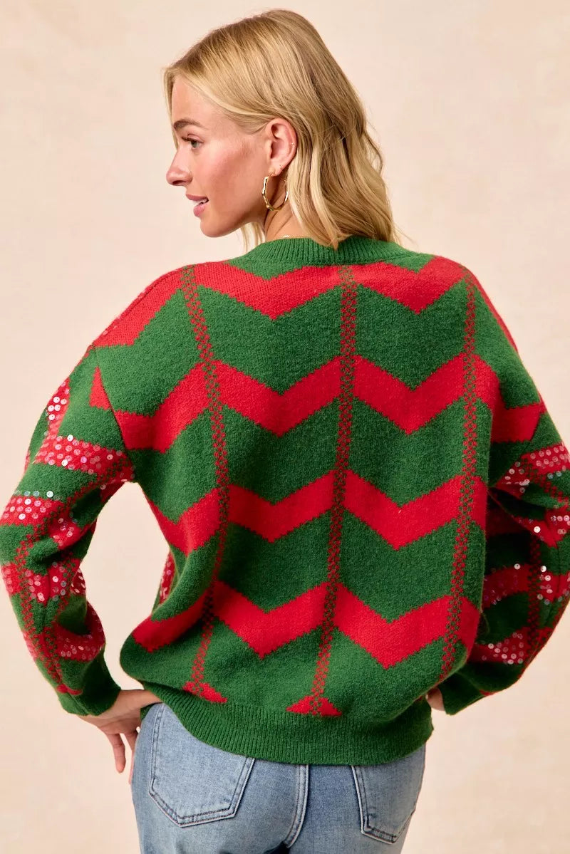 BiBi Hunter Green & Ref Christmas Theme Chevron Sequins Detail Sweater