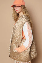 POL Mocha Front Zipper Floral Pattern Quilted Vest Coat with Front Pockets