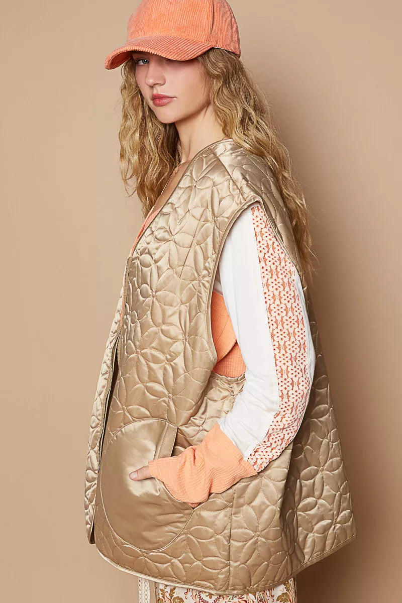 POL Mocha Front Zipper Floral Pattern Quilted Vest Coat with Front Pockets