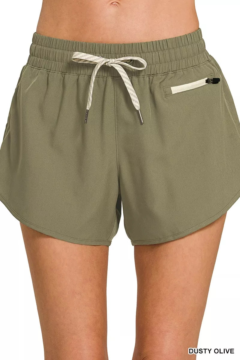 Zenana Dusty Olive Soft Woven Lined Shorts with Zip Coin Pocket DUSTY OLIVE